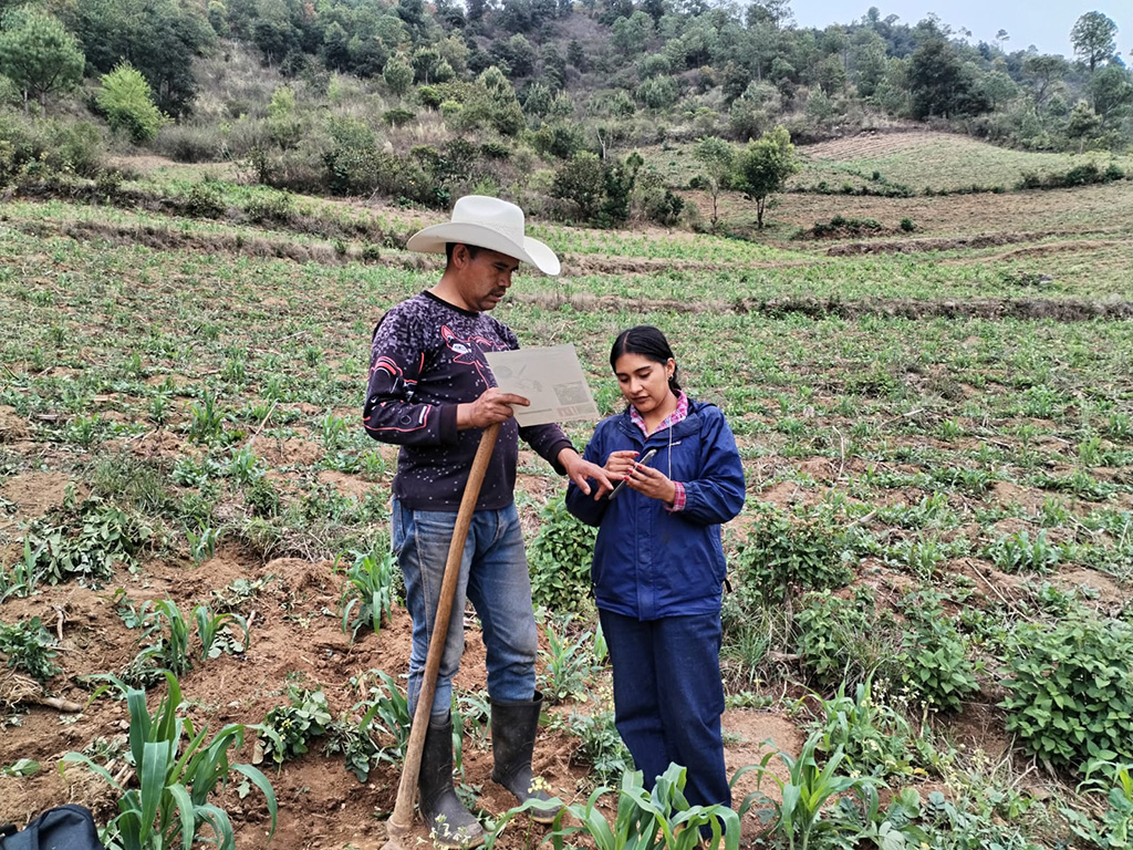 Técnica de campo da Asociación Vivamos Mejor em visita a agricultor guatemalteco